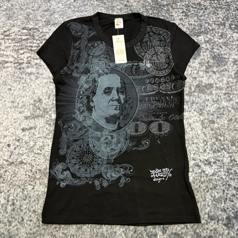 NWT Ed Hardy Short Sleeve Top Womens XL Black Cash $100 Bill Grunge VTG Y2K